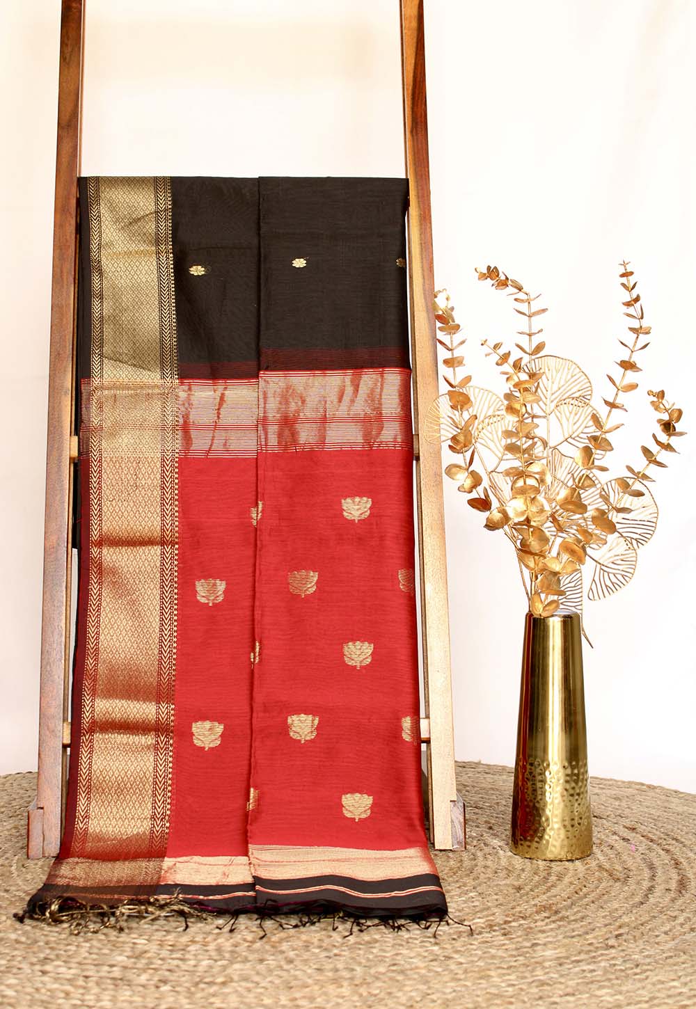 Black Maheshwari Saree with lotus weaving on Red Pallu & Border