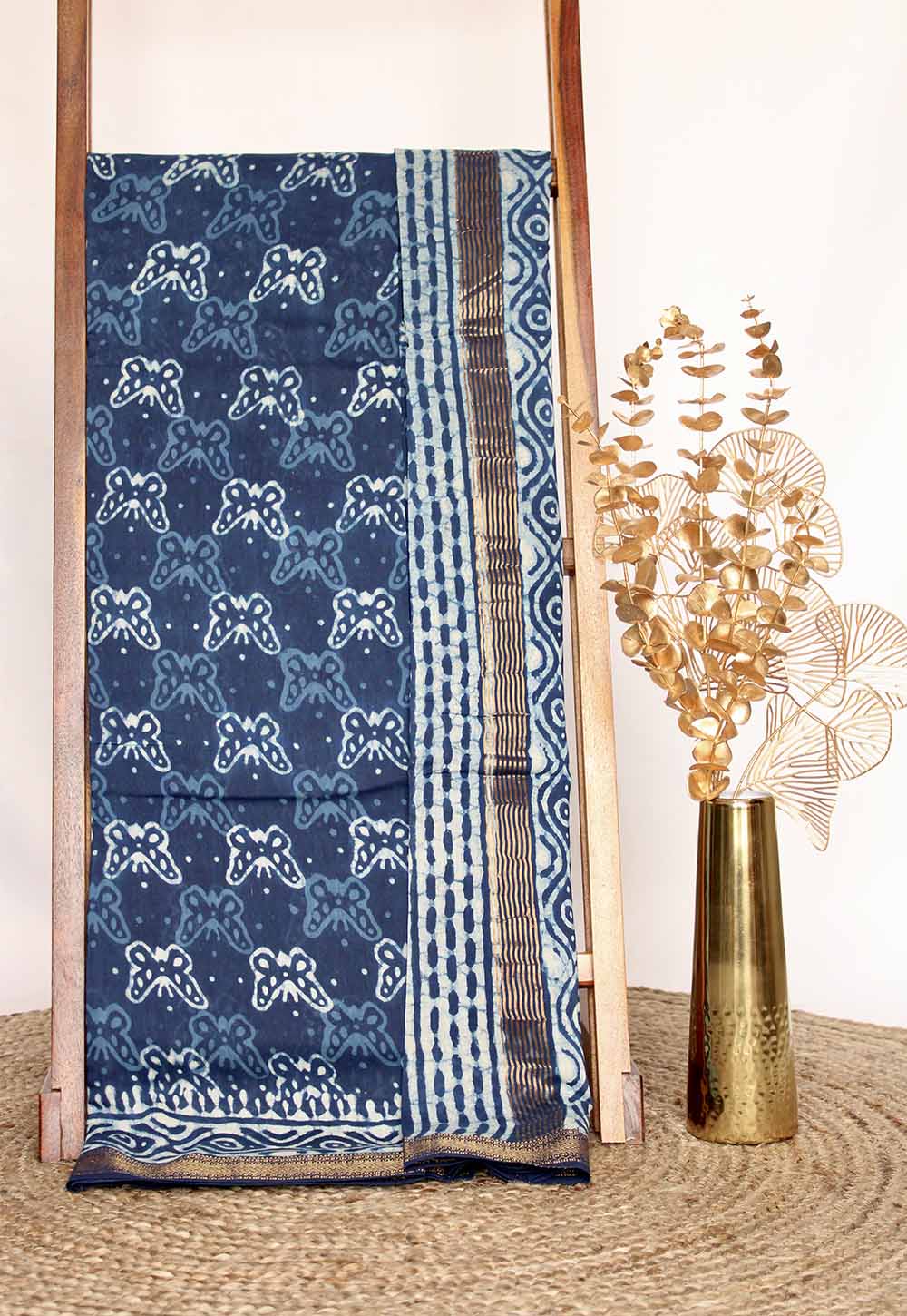 Blue Block Print Maheshwari Saree