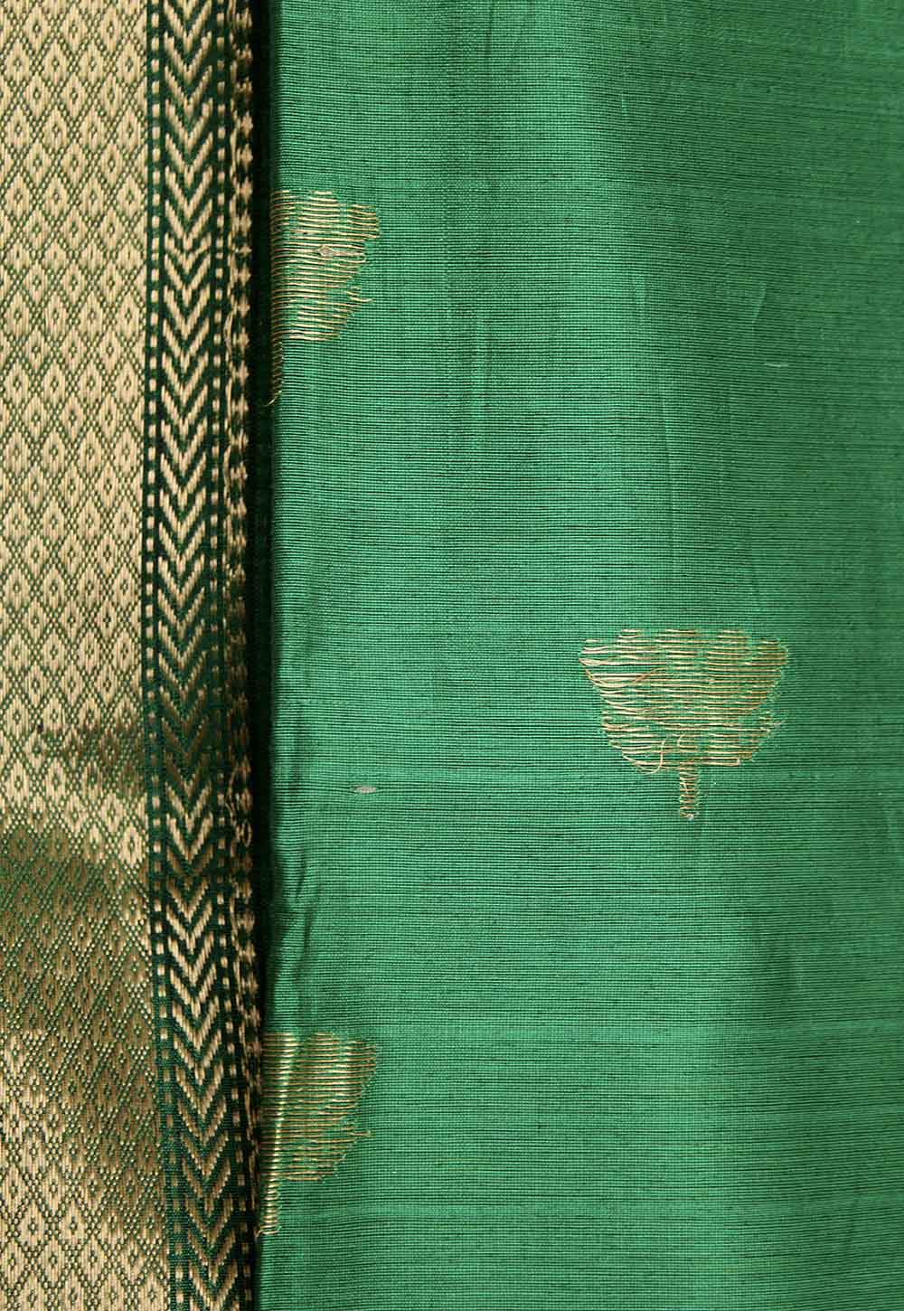 Bottle Green Maheshwari Saree with lotus weaving on Lemon Yellow Pallu & Border