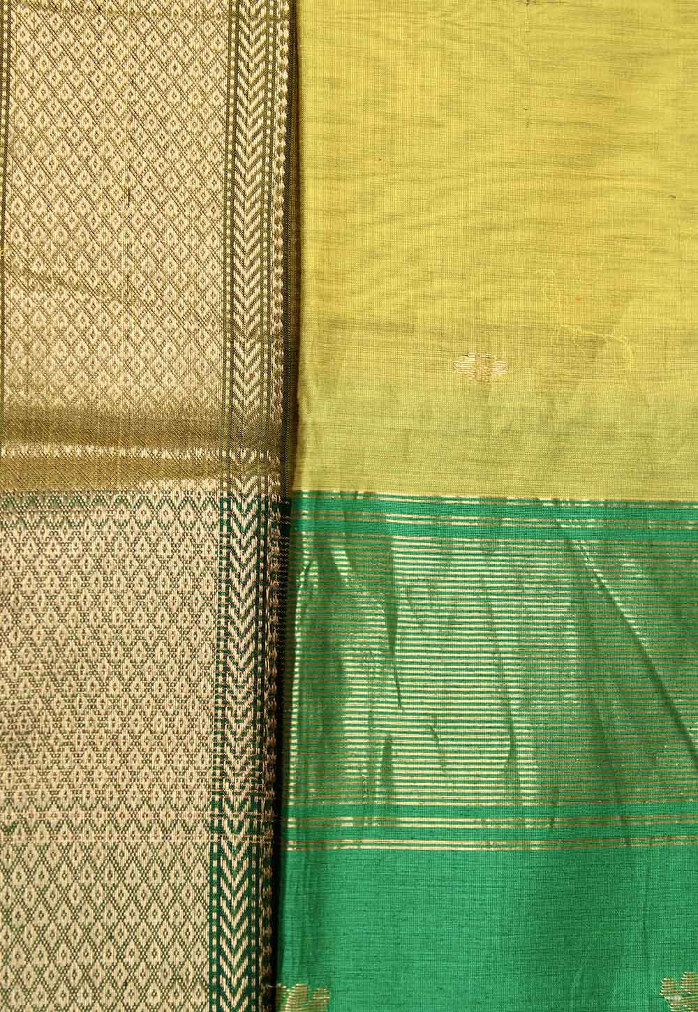 Bottle Green Maheshwari Saree with lotus weaving on Lemon Yellow Pallu & Border