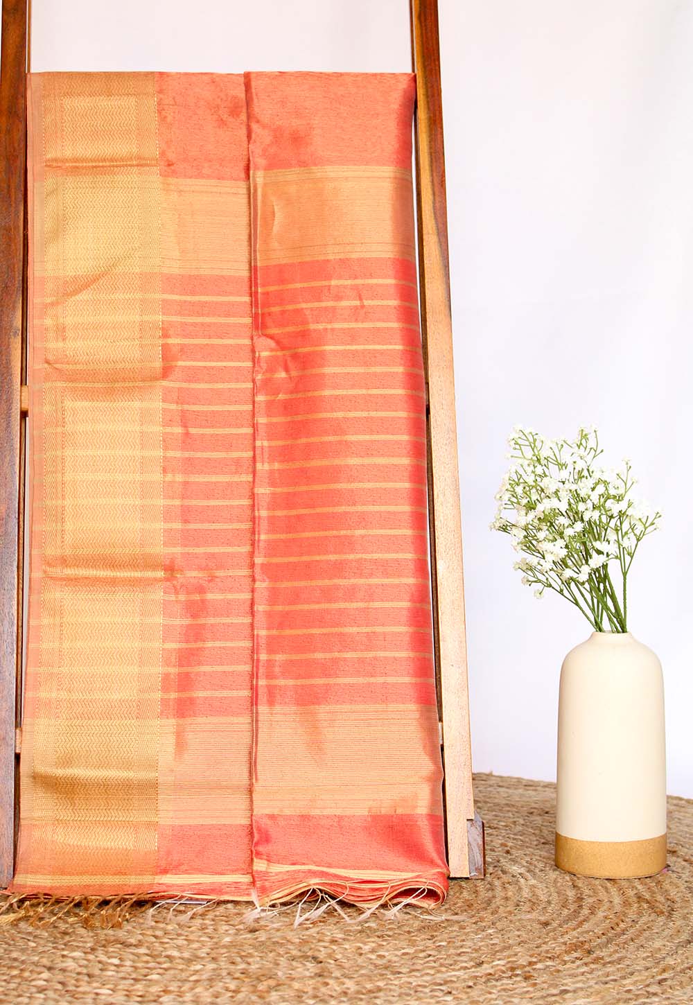 Burnt Sienna Plain Maheshwari Saree with Golden Stripe Pallu