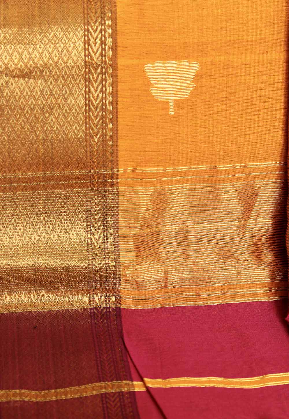 Magenta Maheshwari Saree with lotus weaving on Mustard Pallu & Border