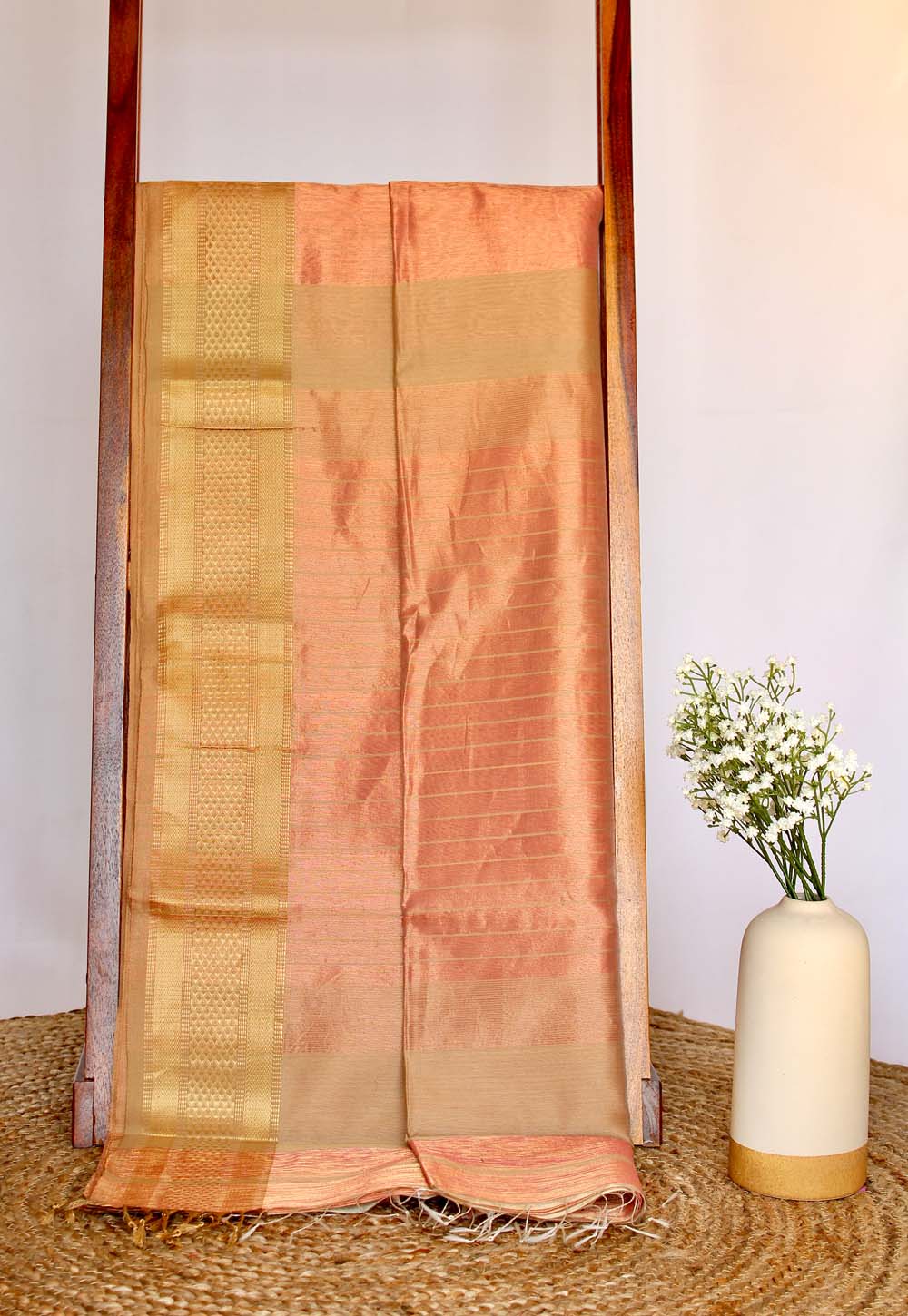 Metallic Peach Plain Maheshwari Saree with Golden Stripe Pallu