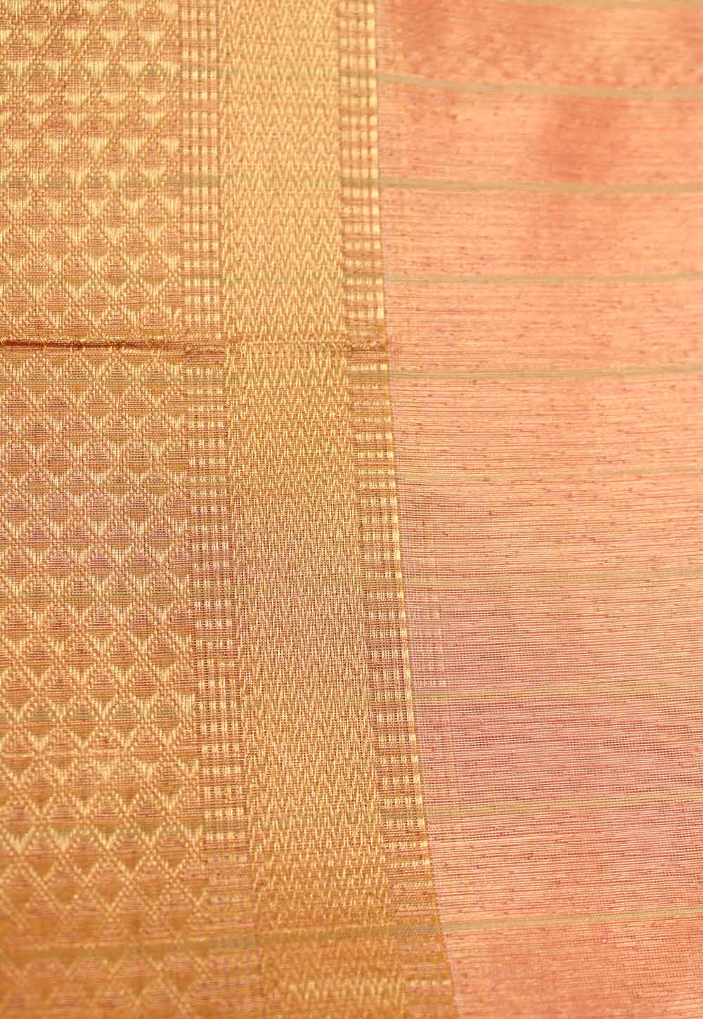 Metallic Peach Plain Maheshwari Saree with Golden Stripe Pallu