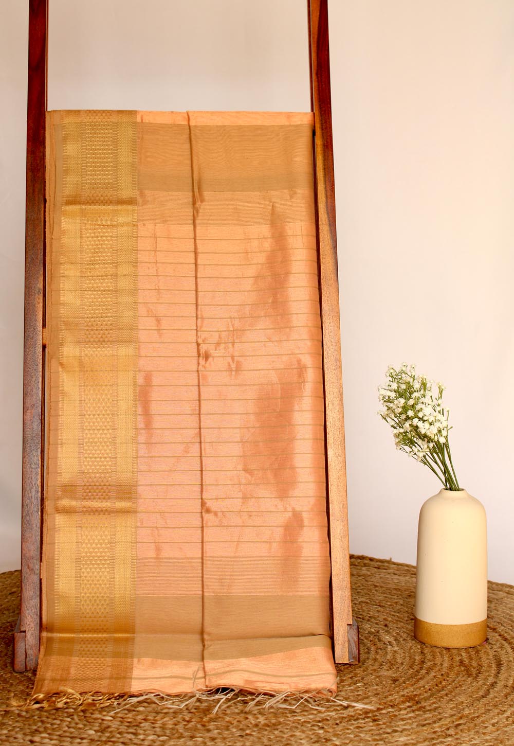 Metallic Sand Plain Maheshwari Saree with Golden Stripe Pallu