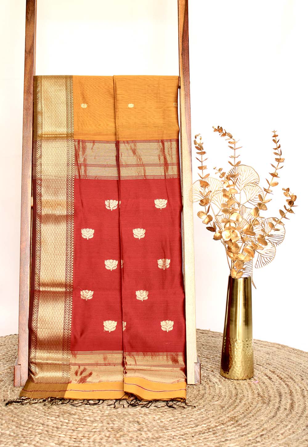 Mustard Maheshwari Saree with lotus weaving on Red Pallu & Border