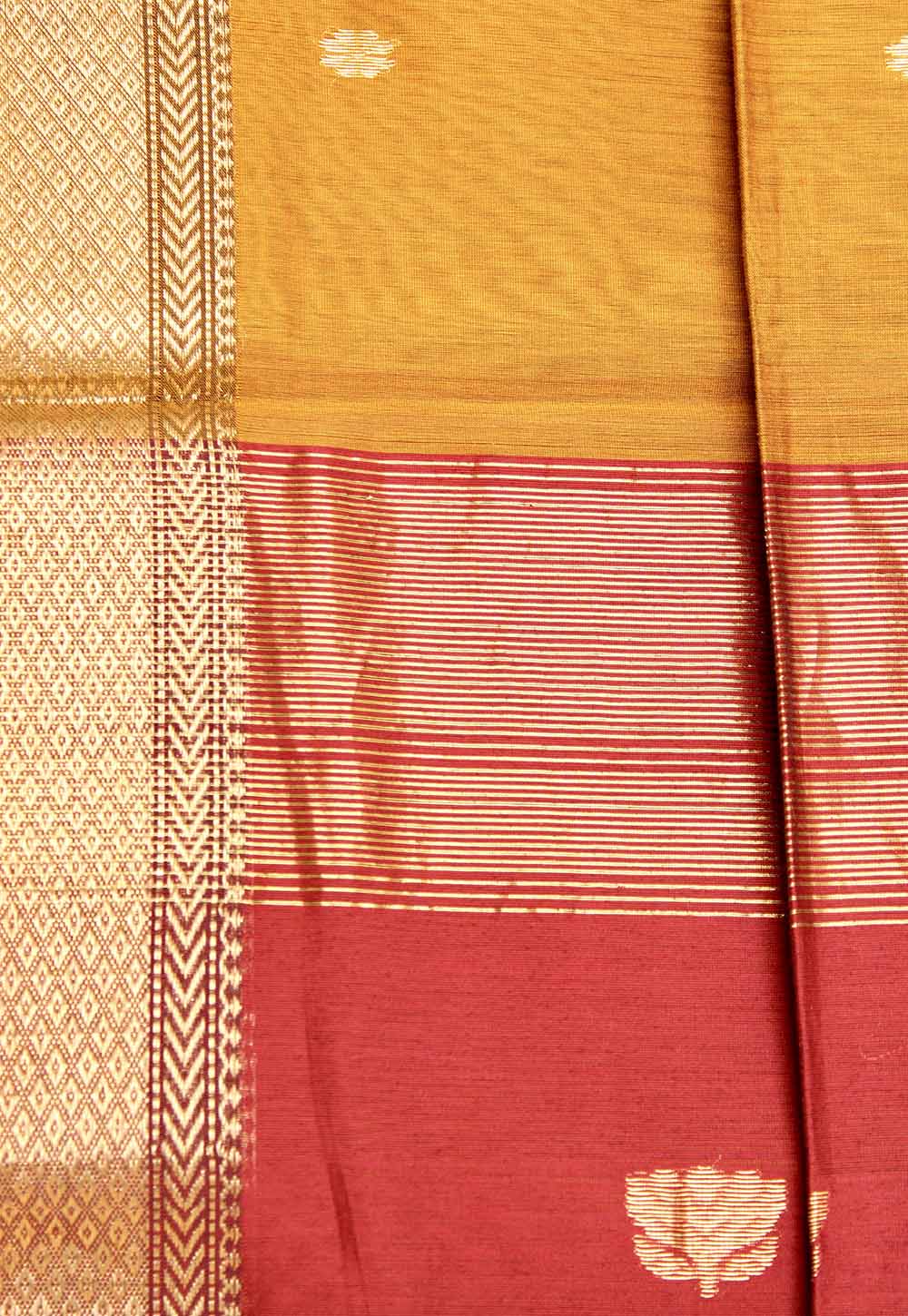 Mustard Maheshwari Saree with lotus weaving on Red Pallu & Border