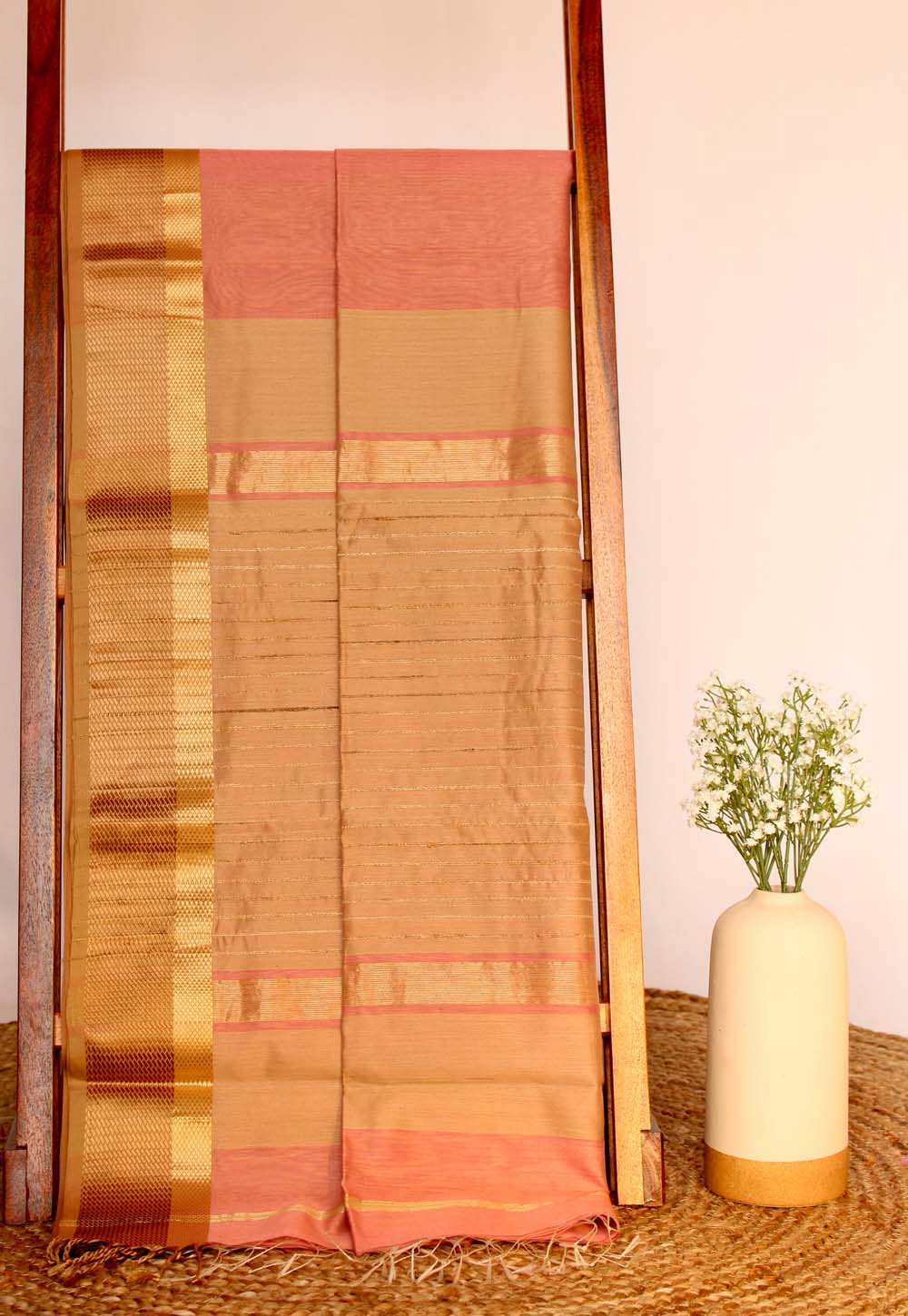 Peach Plain Maheshwari Saree with Golden Stripe Pallu