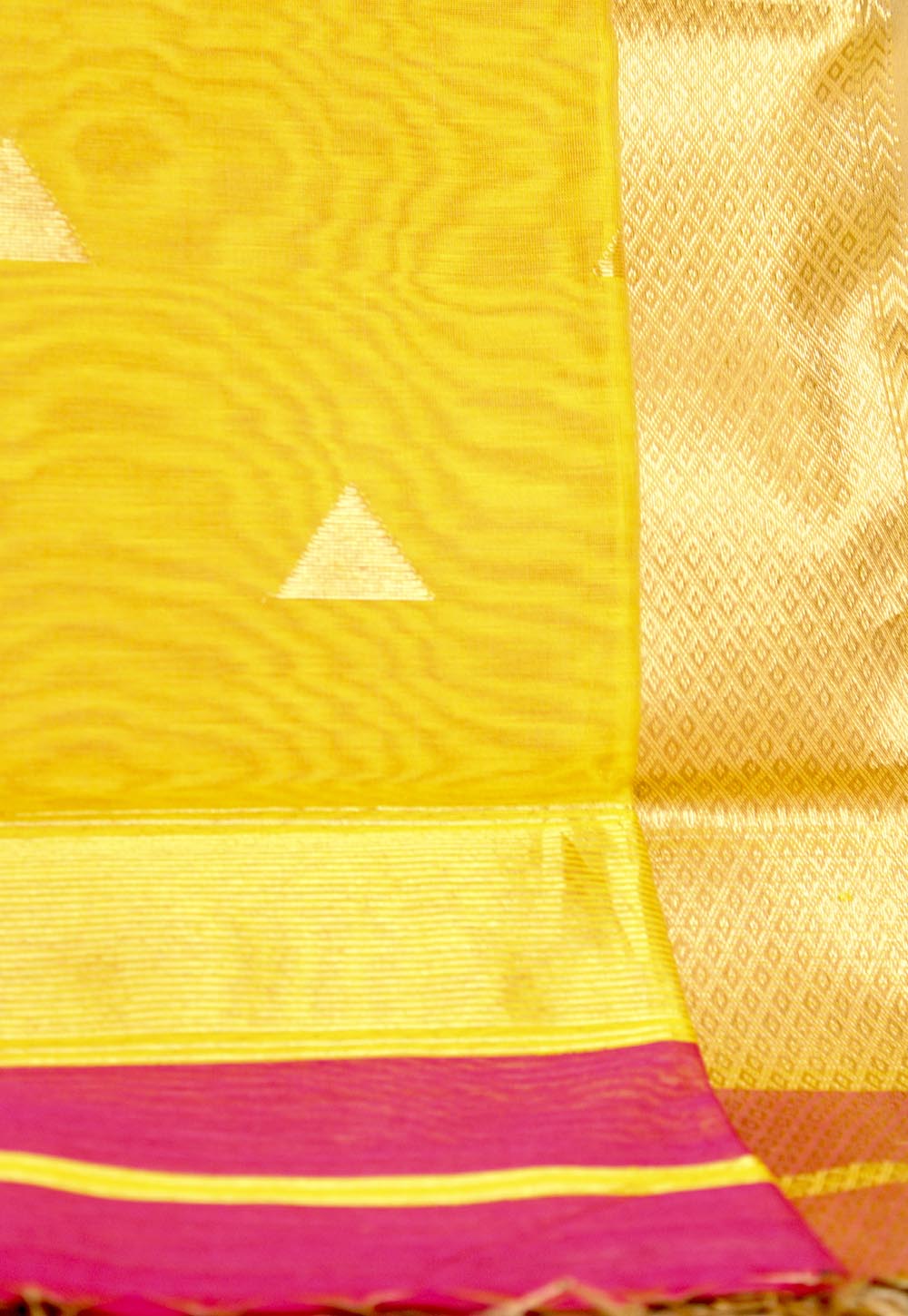 Pink Maheshwari Saree with triangle weaving on Yellow Pallu & Border