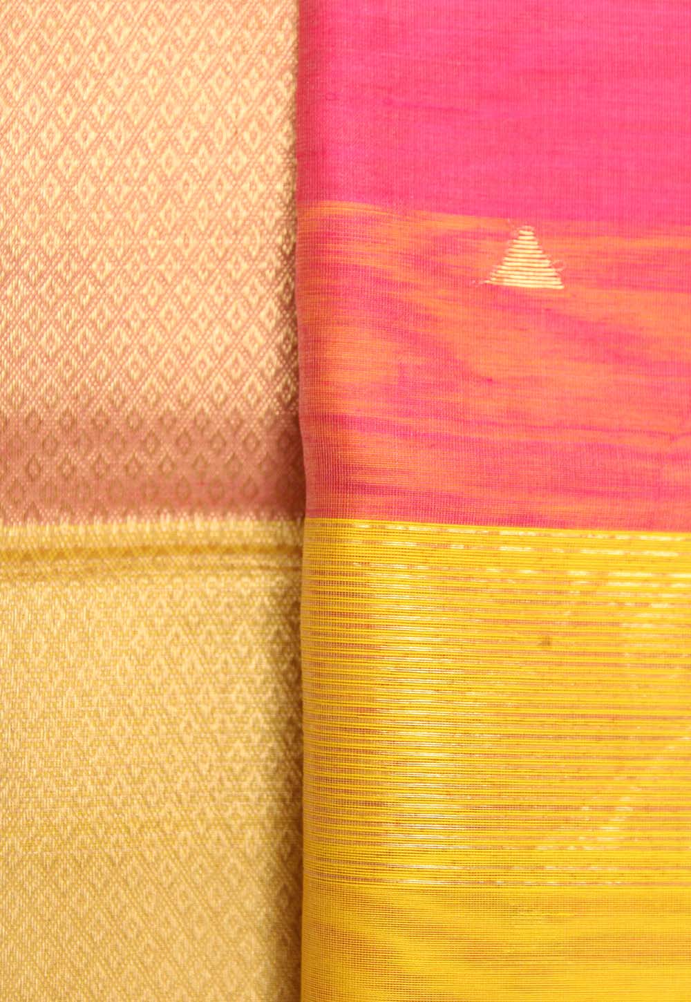 Pink Maheshwari Saree with triangle weaving on Yellow Pallu & Border