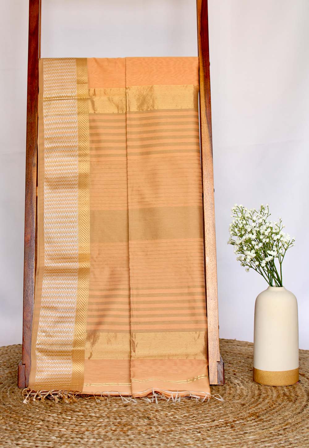 Sand Plain Maheshwari Saree with Golden Stripe Pallu