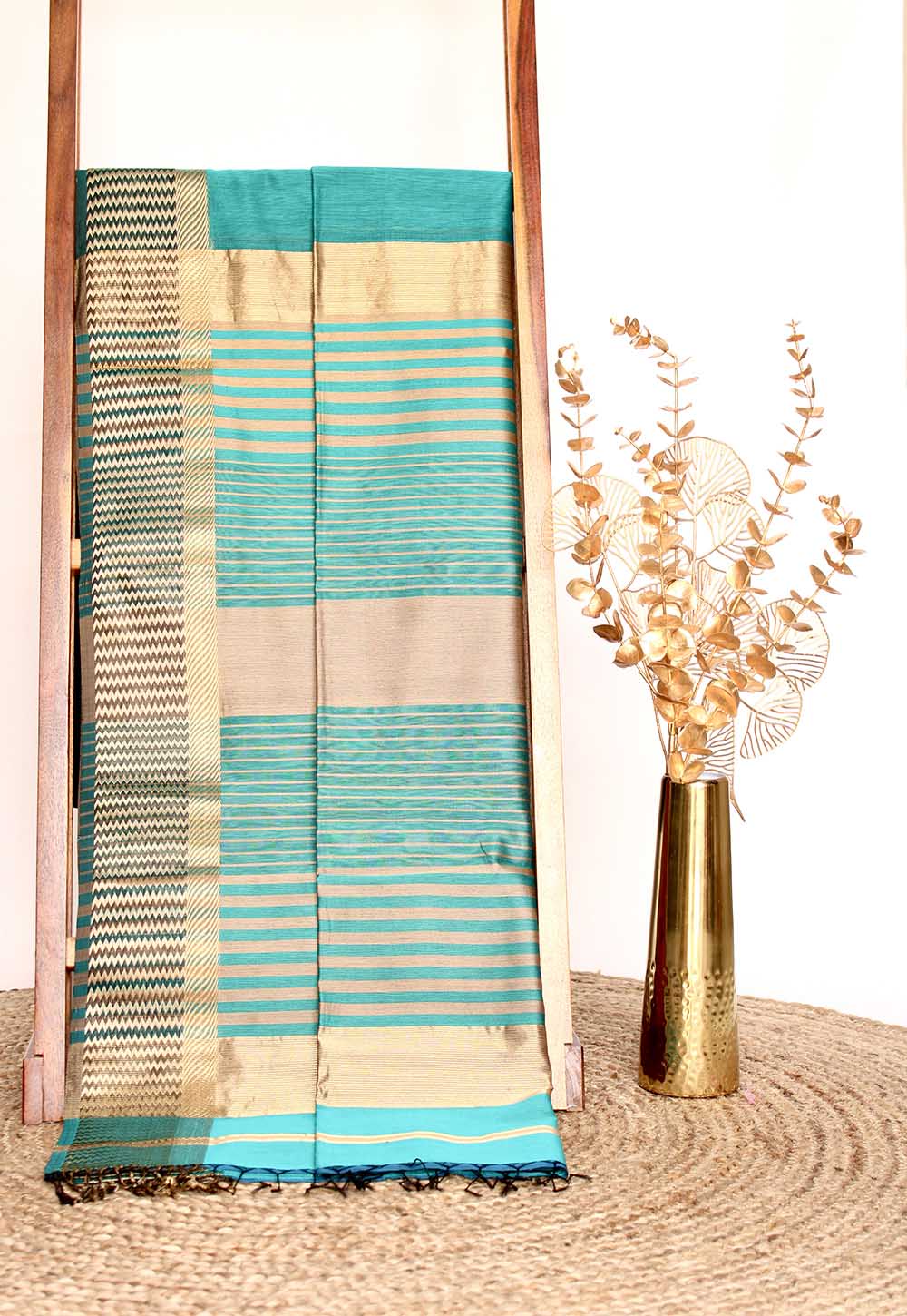 Teal Maheshwari Saree with Golden Stripe Pallu